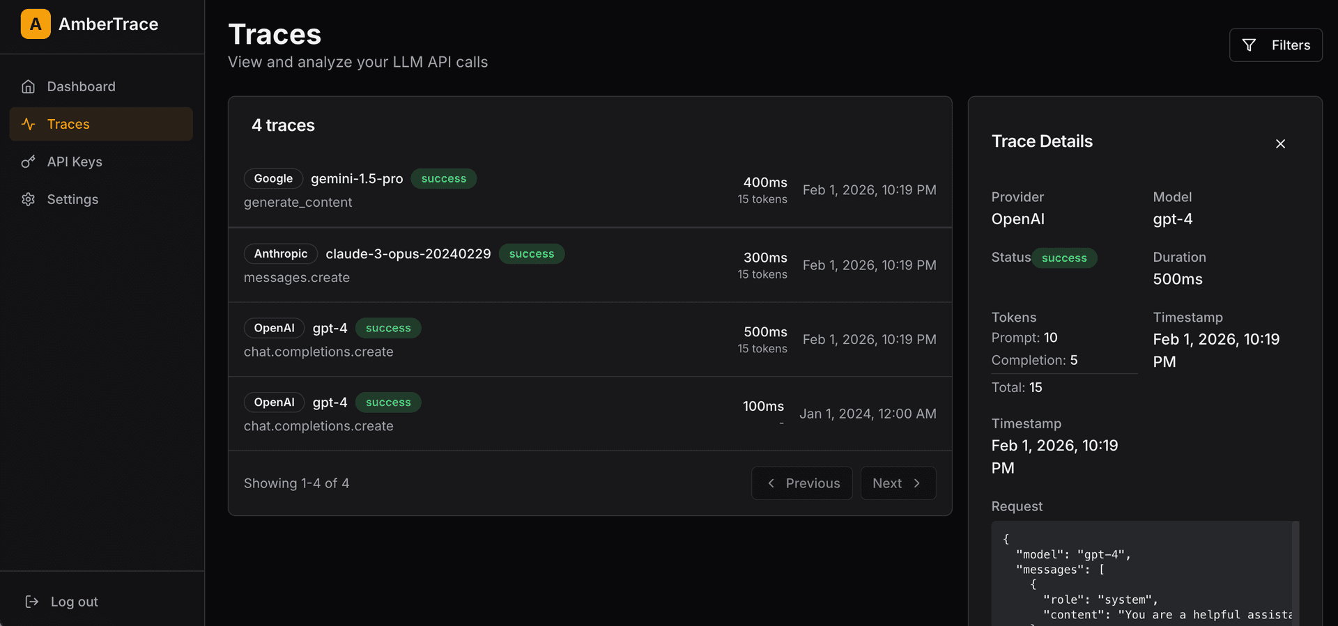 AmberTrace traces view showing LLM calls from OpenAI, Anthropic, and Google with model name, token count, latency, cost, and status columns